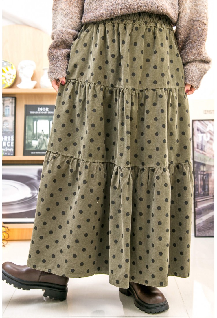 2315-1232A-日系- 橡根腰 ‧ 層層打摺 ‧ 點點PATTERN 燈芯絨料 半截裙 (韓國)  